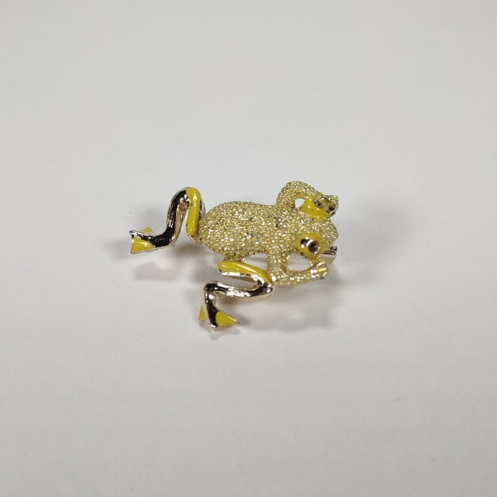 Vintage 1970's Wiggly Leg Yellow Rhinestone And Enamel Frog Brooch - Picture 3 of 6